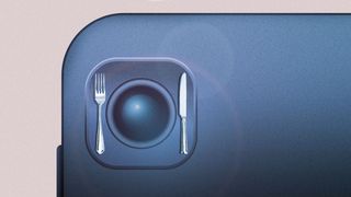 Illustration of the back of a smart phone with a knife and fork on either side of the camera lens, as if the lens were a plate.